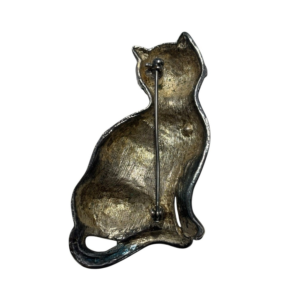 Vintage Silver Tone Textured Circular Pattern Kitty Cat Kitten Brooch Pin - Picture 3 of 5